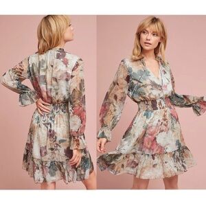 HEMANT & NANDITA Smock Waist Tie Neck Vintage Floral Ruffle Long Sleeve Dress XS